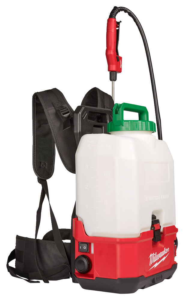 Pulverizador de químicos SWITCH TANK™, capacidad 15l, longitud de manguera 1,75m, presión regulable hasta 8,27bar (20-120PSI), caudal 0,4-2l/min, distancia de pulverización 7,6m. Incluye 1 boquilla recta, 1 boquilla angular y varilla de acero inoxidable. Se suministra en versión cero, sin baterías ni cargador