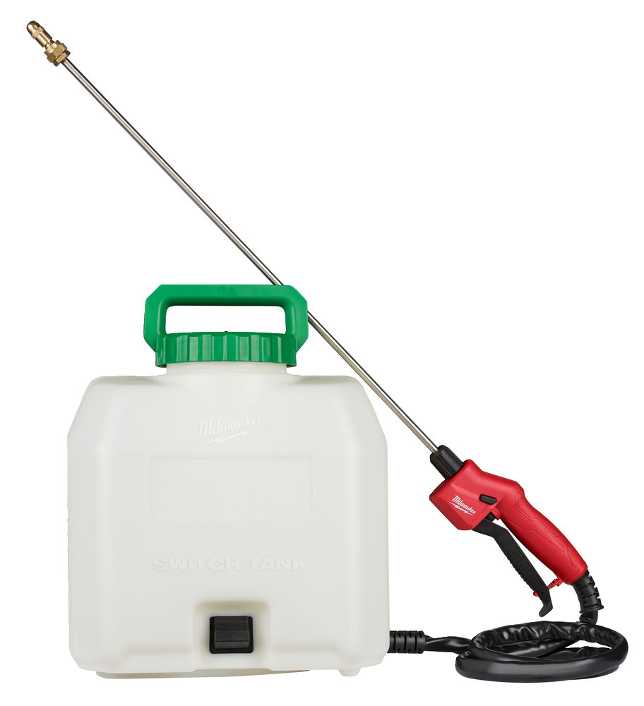 Pulverizador de químicos SWITCH TANK™, capacidad 15l, longitud de manguera 1,75m, presión regulable hasta 8,27bar (20-120PSI), caudal 0,4-2l/min, distancia de pulverización 7,6m. Incluye 1 boquilla recta, 1 boquilla angular y varilla de acero inoxidable. Se suministra en versión cero, sin baterías ni cargador