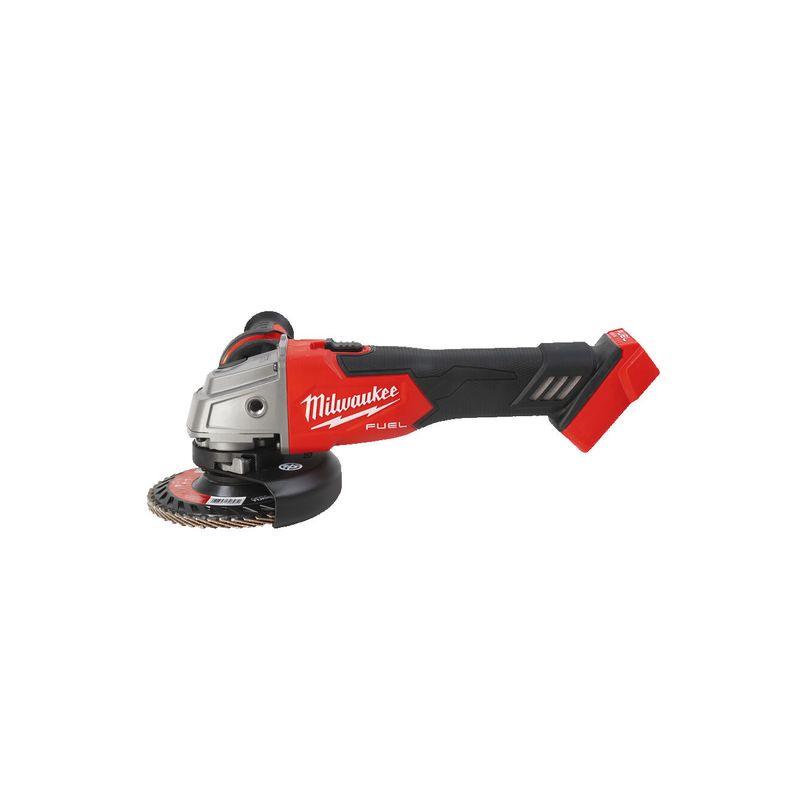 Amoladora angular M18 FUEL™, diámetro del disco 125mm, 8500rpm, AVS, FIXTEC™, protección anti-kickback, interruptor de botón con bloqueo. Incluye guarda adicional para corte. Se suministra en versión cero, sin baterías ni cargador