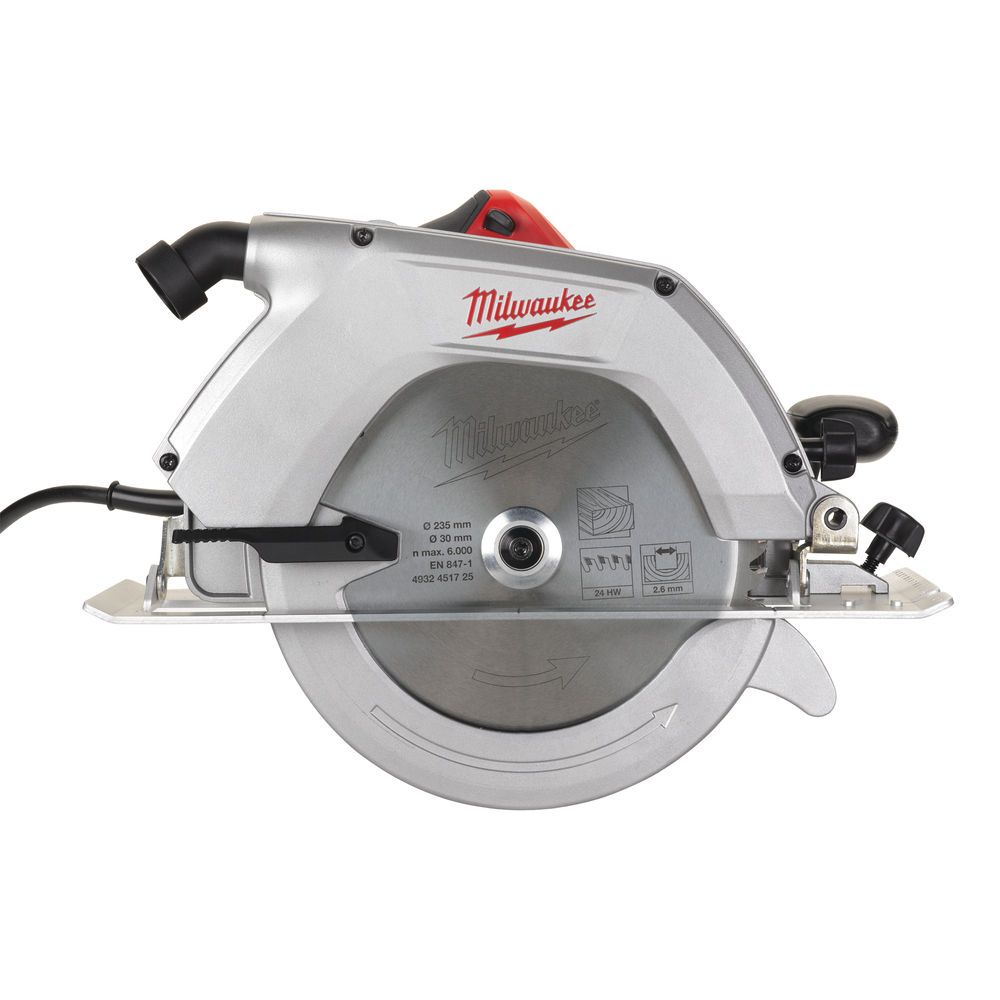 Sierra circular de 2200W, 4500rpm, diámetro del disco 235mm, máxima profundidad de corte 85mm, arranque suave, base de aluminio