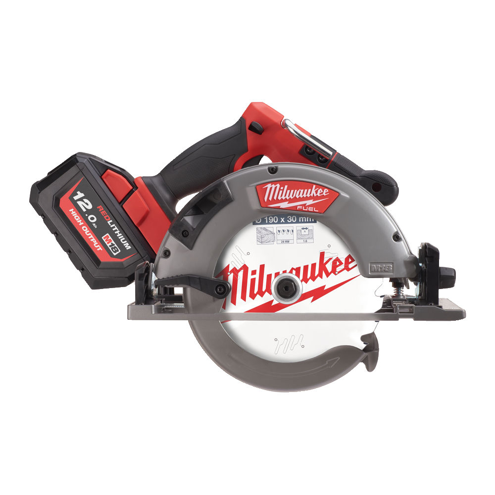 Sierra circular para madera M18 FUEL™, diámetro del disco 190mm, máxima profundidad de corte 66mm, 5800rpm, compatible con raíl guía. Se suministra con 1 batería HIGH OUTPUT™ M18HB12 y cargador rápido M12-18FC, en kitbox