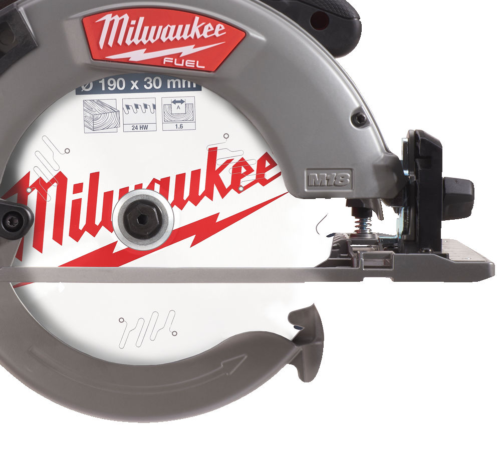 Sierra circular para madera M18 FUEL™, diámetro del disco 190mm, máxima profundidad de corte 66mm, 5800rpm, compatible con raíl guía. Se suministra con 1 batería HIGH OUTPUT™ M18HB12 y cargador rápido M12-18FC, en kitbox