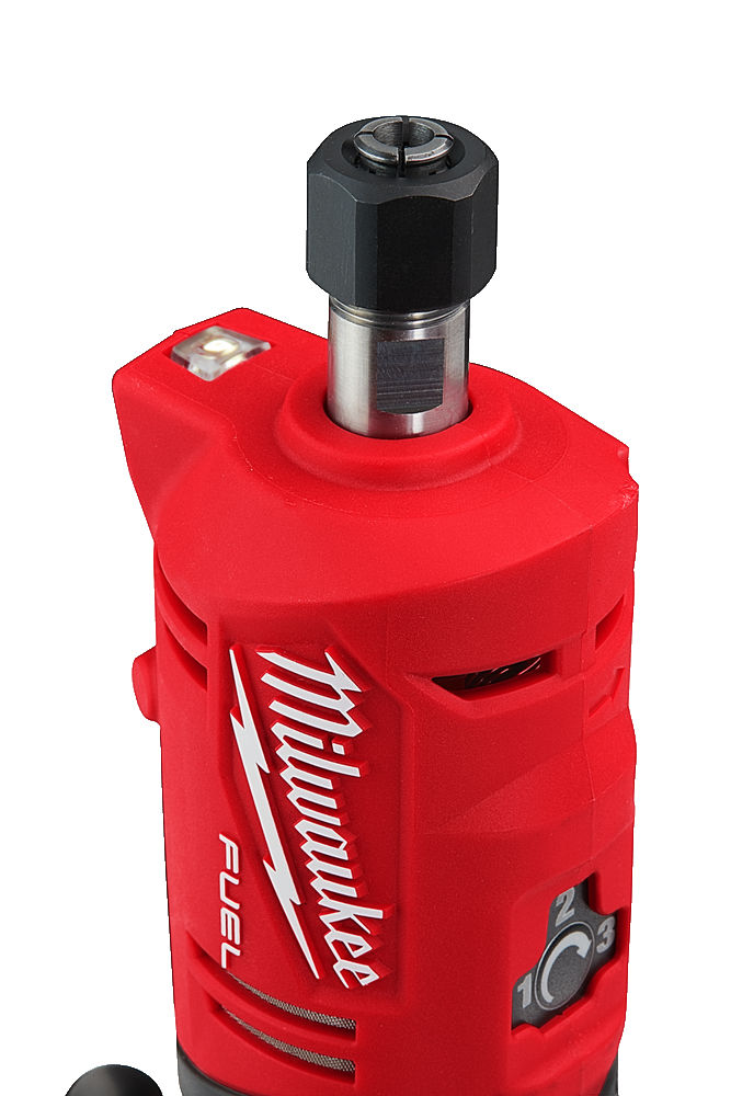 Rectificadora recta M12 FUEL™, 3 modos, 0-21000rpm, longitud 262mm, capacidad de la pinza 6/8mm, máximo diámetro de disco 50mm. Incluye pinzas de 6 y 8mm. Se suministra con 1 batería M12B4, 1 batería M12B2 y cargador C12C, en bolsa de transporte