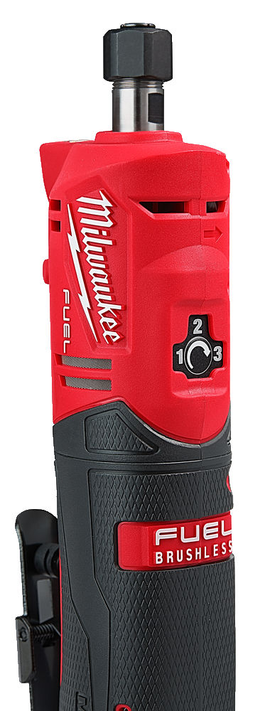 Rectificadora recta M12 FUEL™, 3 modos, 0-21000rpm, longitud 262mm, capacidad de la pinza 6/8mm, máximo diámetro de disco 50mm. Incluye pinzas de 6 y 8mm. Se suministra con 1 batería M12B4, 1 batería M12B2 y cargador C12C, en bolsa de transporte