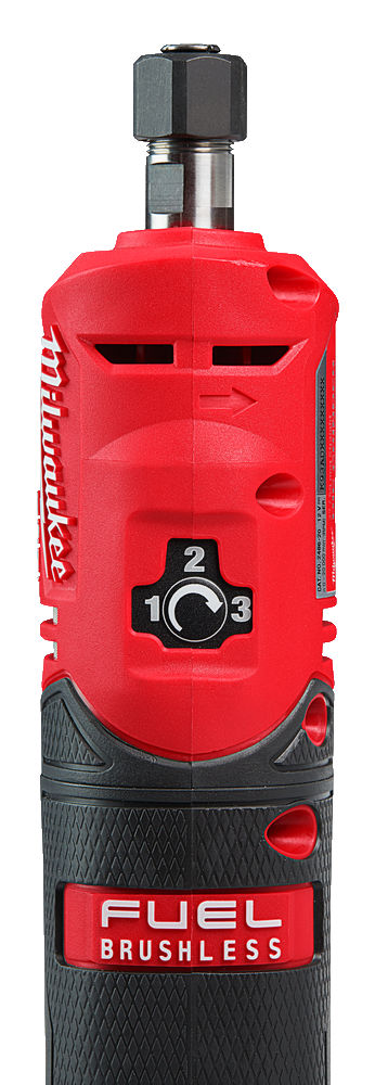 Rectificadora recta M12 FUEL™, 3 modos, 0-21000rpm, longitud 262mm, capacidad de la pinza 6/8mm, máximo diámetro de disco 50mm. Incluye pinzas de 6 y 8mm. Se suministra con 1 batería M12B4, 1 batería M12B2 y cargador C12C, en bolsa de transporte