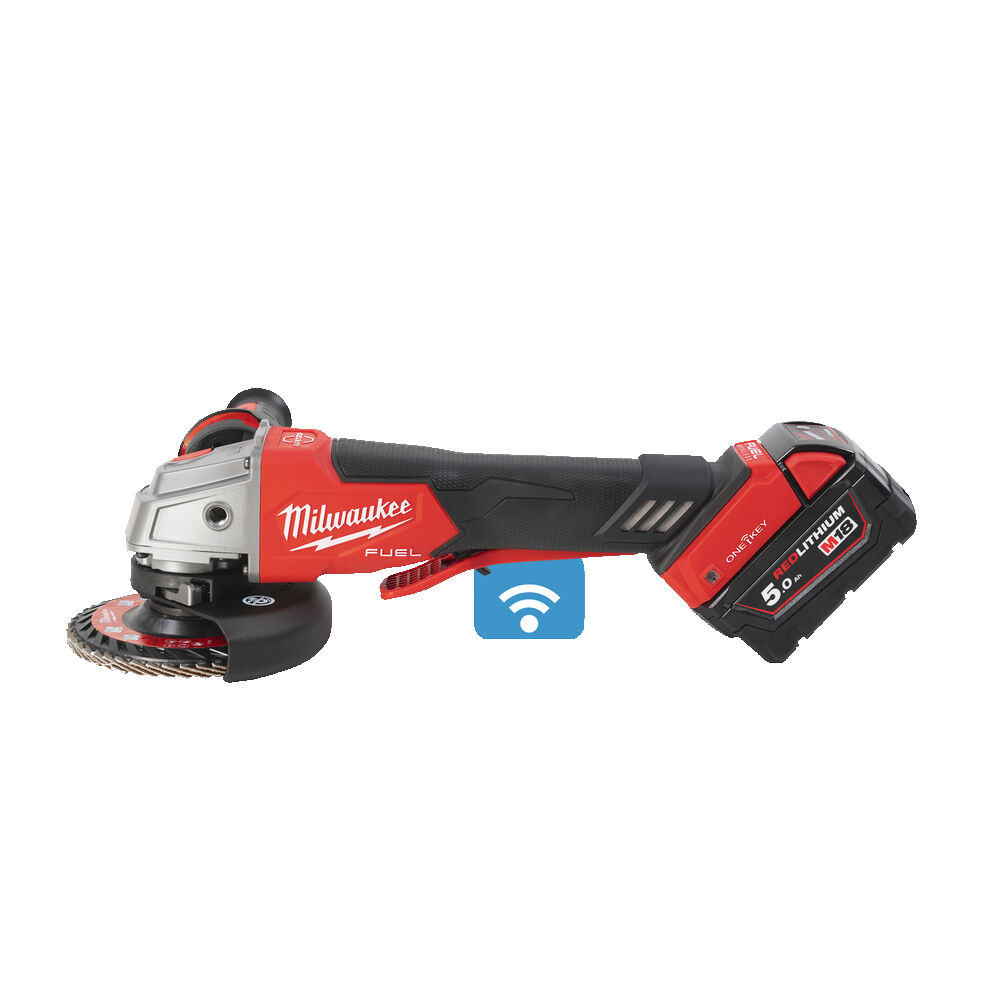 Amoladora angular M18 FUEL™ ONE-KEY™, diámetro del disco 125mm, freno RAPIDSTOP™, 8500rpm, AVS, FIXTEC™, protección anti-kickback, DMS. Incluye guarda adicional para corte. Se suministra con 2 baterías M18B5 y cargador rápido M12-18FC, en HD-box
