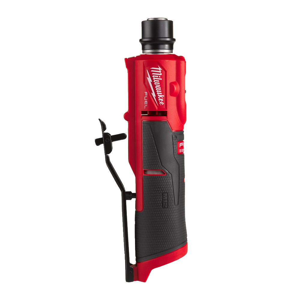 Rectificadora de baja velocidad para neumáticos M12 FUEL™, recepción de cambio rápido 7/16", 2 modos, 0-1200/0-2500rpm, longitud 270mm, máximo diámetro de accesorios de pulido 80mm, máximo diámetro de accesorios de taladrado/escariado 9,5mm. Se suministra en versión cero, sin baterías ni cargador