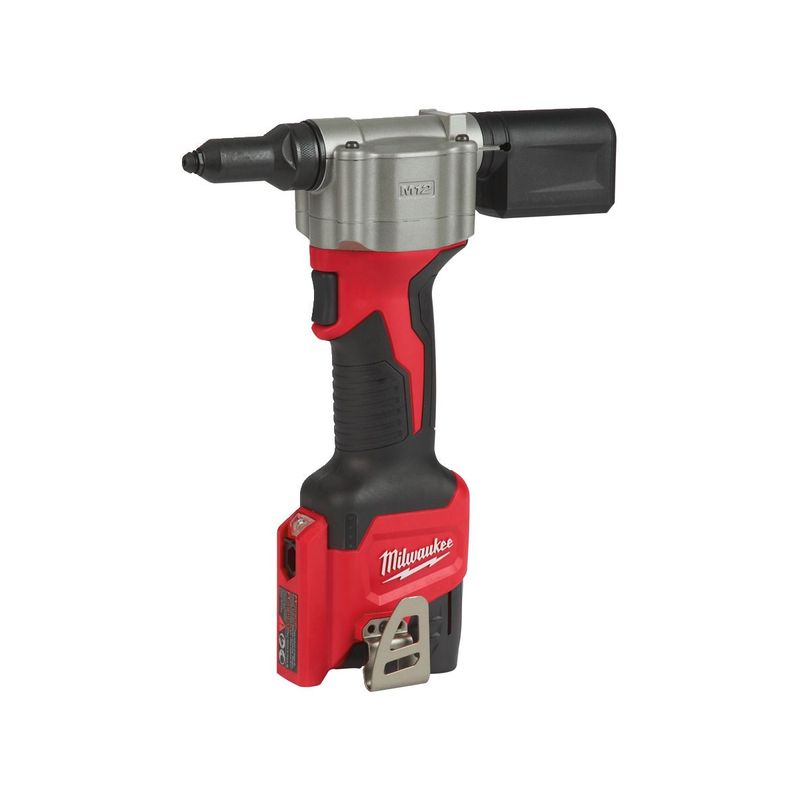 M12BPRT-201X Remachadora subcompacta M12™, capacidad máxima remache 2,4-4,8mm INOX, fuerza de tracción 9000N, carrera 20,32mm. Incluye 4 boquillas. Se suministra con 1 batería M12B2 y cargador C12C, en HD-box