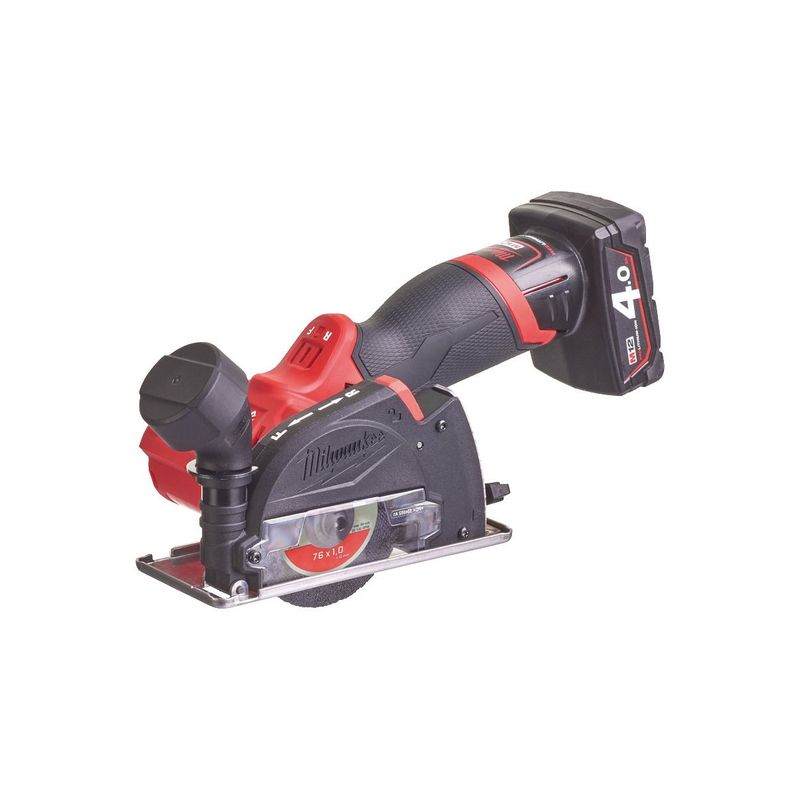 M12FCOT-422X Cortadora multimaterial subcompacta M12 FUEL™, diámetro del disco 76mm, máxima profundidad de corte 16,3mm, 20.000rpm. Incluye disco diamante, disco TCT, disco abrasivo y protector con pie ajustable. Se suministra con 1 batería M12B4, 1 batería M12B2 y cargador C12C, en HD-box