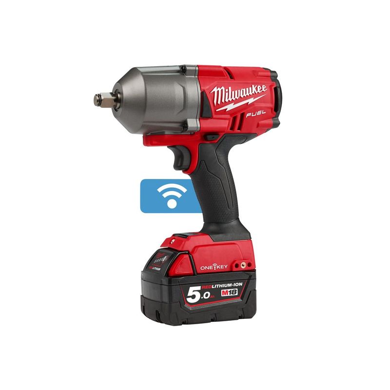 M18ONEFHIWF12-502X Llave de impacto de alto par M18 FUEL™ ONE-KEY™, recepción 1/2" con anillo de fricción, 4 modos, máximo par de apriete 1356Nm, máximo par de desapriete 1898Nm. Se suministra con 2 baterías M18B5 y cargador rápido M12-18FC, en HD-box