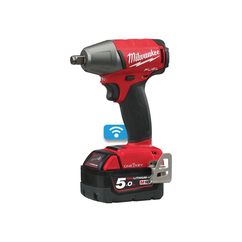 M18ONEIWF12-502X Llave de impacto M18 FUEL™ ONE-KEY™, recepción 1/2" con anillo de fricción, 4 modos, máximo par de apriete 300Nm. Se suministra con 2 baterías M18B5 y cargador rápido M12-18FC, en HD-box