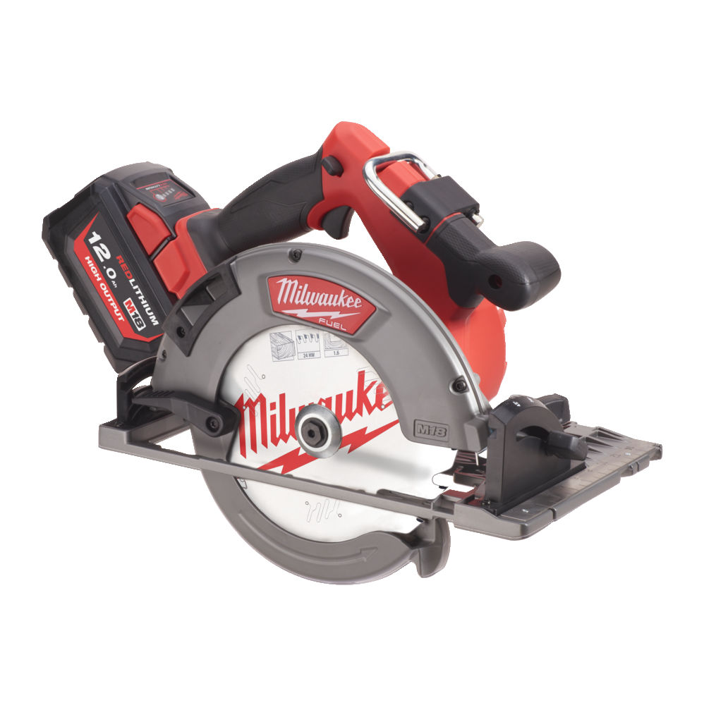 M18FCSG66-121C Sierra circular para madera M18 FUEL™, diámetro del disco 190mm, máxima profundidad de corte 66mm, 5800rpm, compatible con raíl guía. Se suministra con 1 batería HIGH OUTPUT™ M18HB12 y cargador rápido M12-18FC, en kitbox