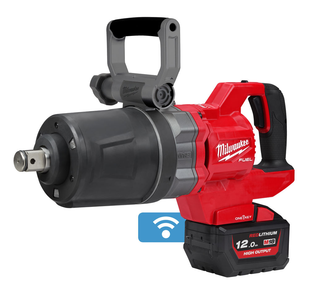 M18ONEFHIWF1DS-121C Llave de impacto M18 FUEL™ ONE-KEY™, recepción 1" con anillo de fricción, empuñadura en D y eje extendido corto, 4 modos, máximo par de apriete 2576Nm, máximo par de desapriete 2711Nm. Se suministra con una batería HIGH OUTPUT™ de 12.0Ah y cargador rápido M12-18FC, en kitbox