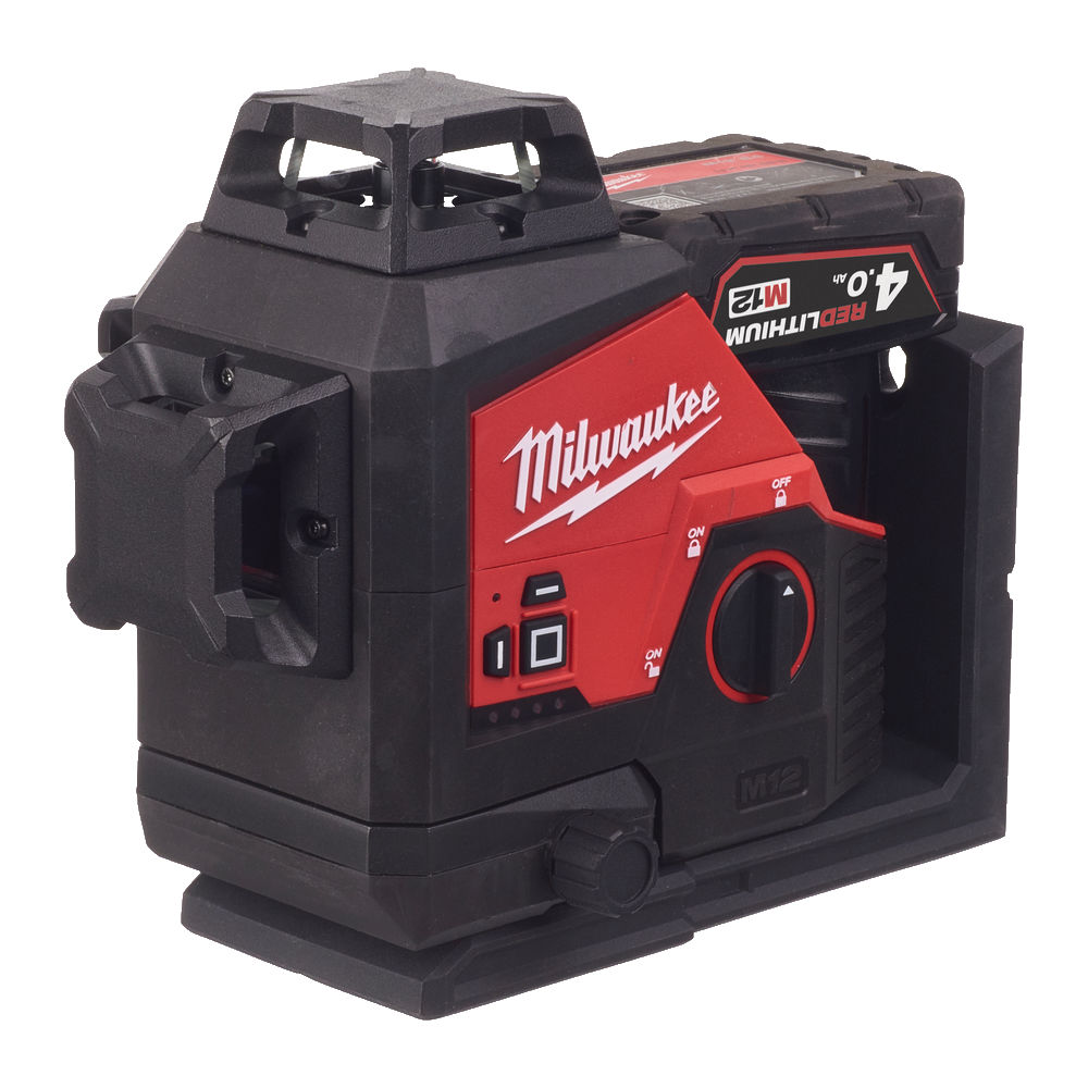 M123PL-401C Nivel láser de 3 líneas M12™, verde, ajuste fino, 330° de rotación, protección IP54. Incluye pinza para techos y tarjeta de alta visibilidad. Se suministra con 1 batería M12B4 y cargador C12C, en kitbox