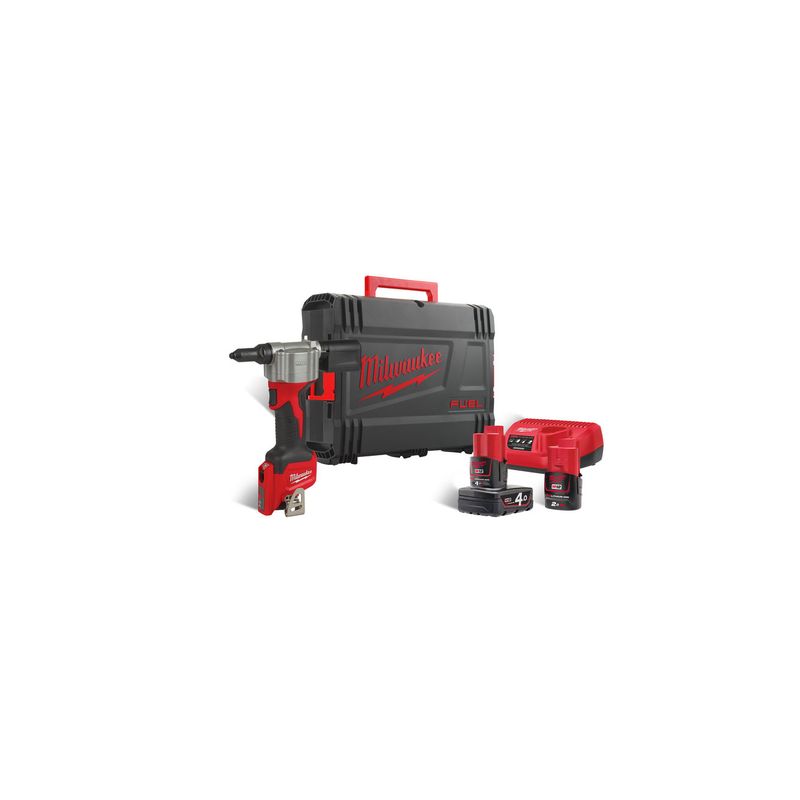 Remachadora subcompacta M12™, capacidad máxima remache 2,4-4,8mm INOX, fuerza de tracción 9000N, carrera 20,32mm. Incluye 4 boquillas. Se suministra con 1 batería M12B4, 1 batería M12B2 y cargador C12C, en HD-box