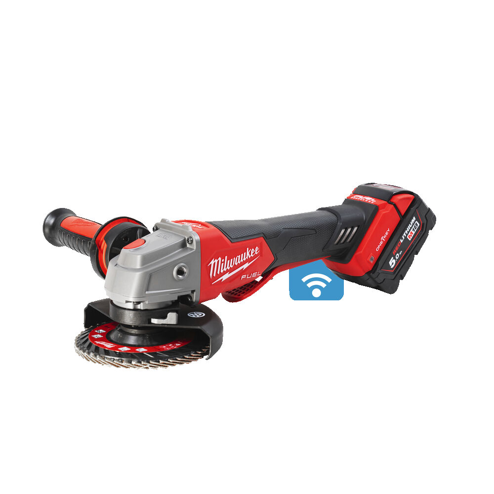 M18ONEFSAG125XPDB-502X Amoladora angular M18 FUEL™ ONE-KEY™, diámetro del disco 125mm, freno RAPIDSTOP™, 8500rpm, AVS, FIXTEC™, protección anti-kickback, DMS. Incluye guarda adicional para corte. Se suministra con 2 baterías M18B5 y cargador rápido M12-18FC, en HD-box