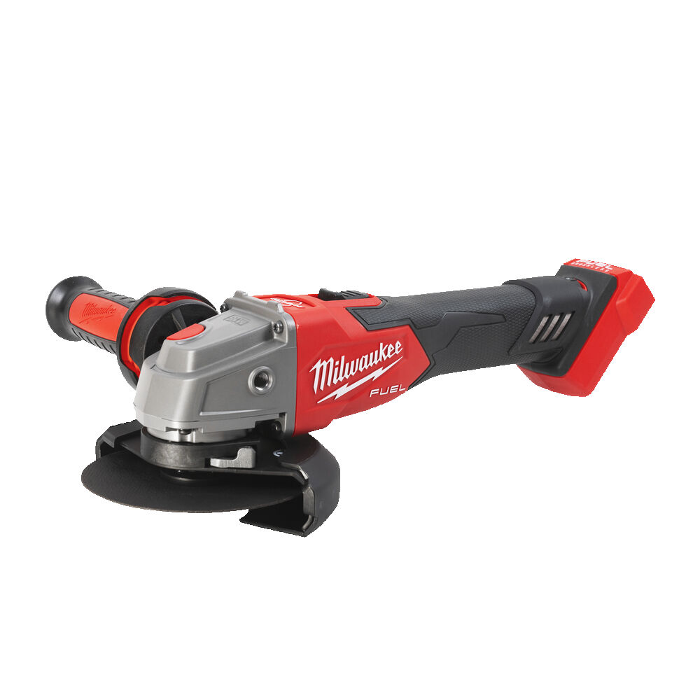 M18FSAGV125XB-0X Amoladora angular M18 FUEL™, diámetro del disco 125mm, freno RAPIDSTOP™, velocidad variable de 5 posiciones, 3500-8500rpm, AVS, FIXTEC™, protección anti-kickback, interruptor de botón con bloqueo. Incluye guarda adicional para corte. Se suministra en versión cero, sin baterías ni cargador, en HD-box