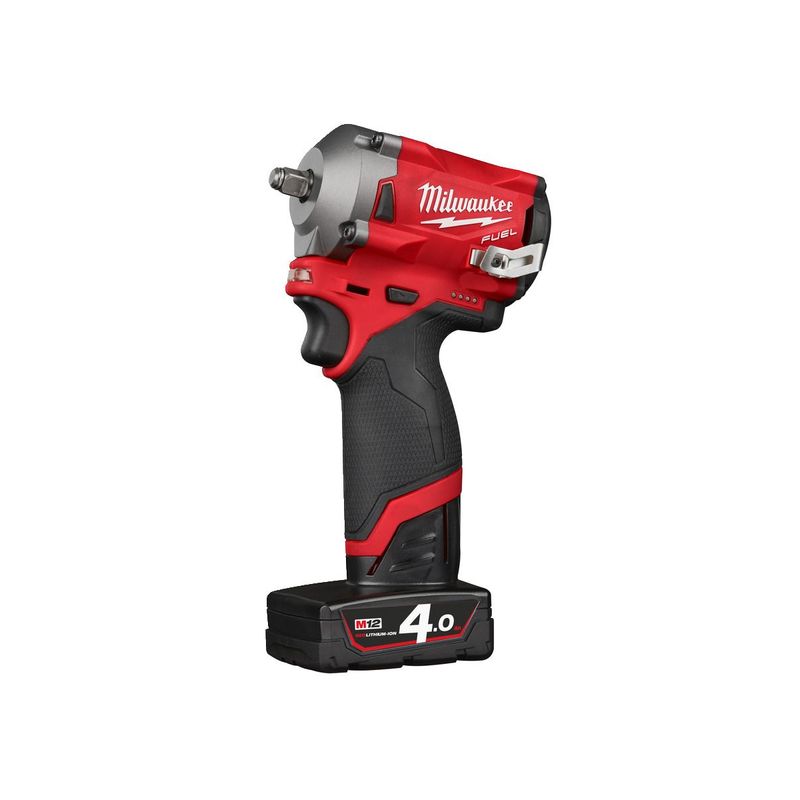 M12FIW38-422X Llave de impacto subcompacta M12 FUEL™, recepción 3/8" con anillo de fricción, 4 modos, máximo par de apriete 339Nm. Se suministra con 1 batería M12B4, 1 batería M12B2 y cargador C12C, en HD-box