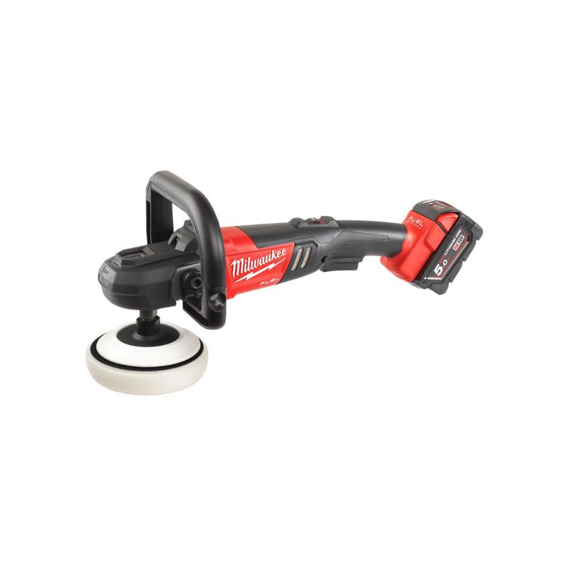 M18FAP180-502X Pulidora rotativa M18 FUEL™, diámetro del disco 180mm, velocidad variable 360-2200rpm, relé de baja tensión. Se suministra con 2 baterías M18B5 y cargador rápido M12-18FC, en HD-box