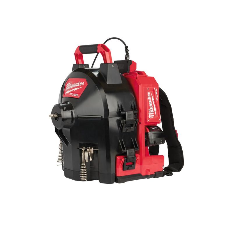 M18FFSDC16-502 Desatascadora de pie M18 FUEL™, espiral de 16mm de diámetro, longitud del cable 15m, máximo diámetro de tubería 110mm. Incluye 2 tambores de 16mm x 15m de longitud y 1 juego de cuchilla y herramienta de extracción. Se suministra con 2 baterías M18B5 y cargador rápido M12-18FC
