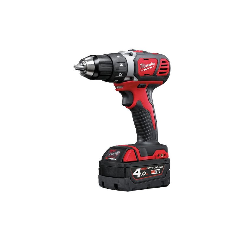 M18BDD-402C Taladro atornillador compacto M18™, 2 velocidades, par máximo 60Nm, portabrocas metálico 13mm. Se suministra con 2 baterías M18B4 y cargador M12-18C, en kitbox