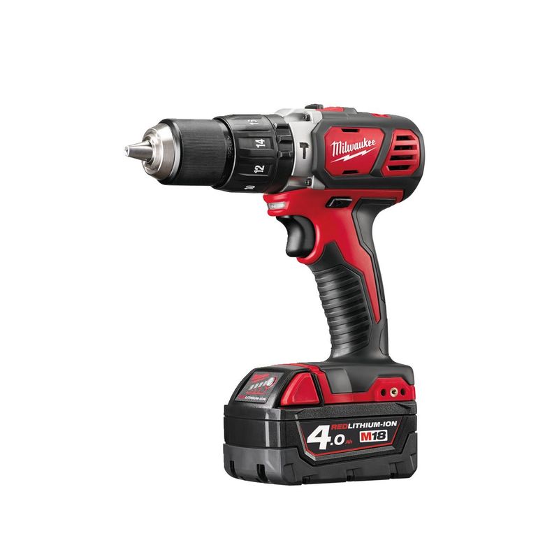 M18BPD-402C Taladro percutor compacto M18™, 2 velocidades, par máximo 60Nm, portabrocas metálico 13mm. Se suministra con 2 baterías M18B4 y cargador M12-18C, en kitbox